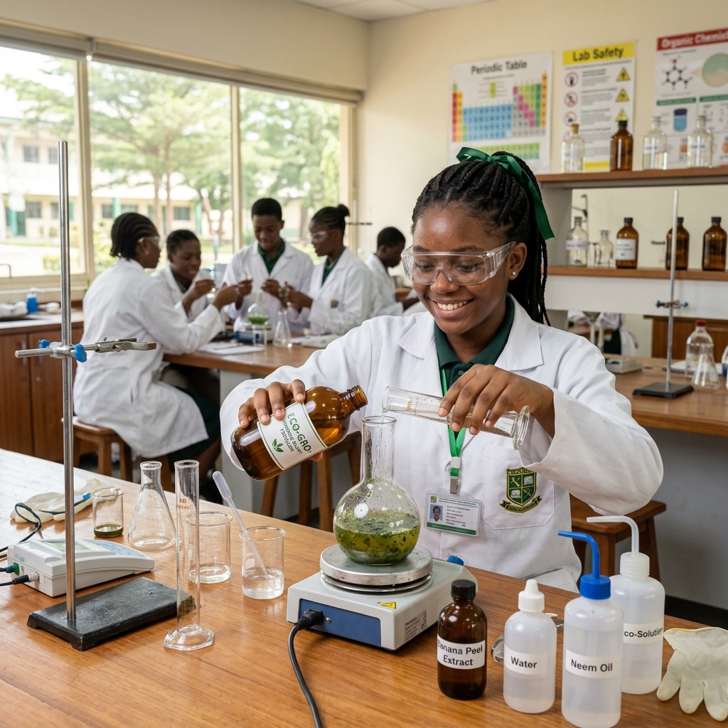 West African student formulating organic product bottles in local lab setup