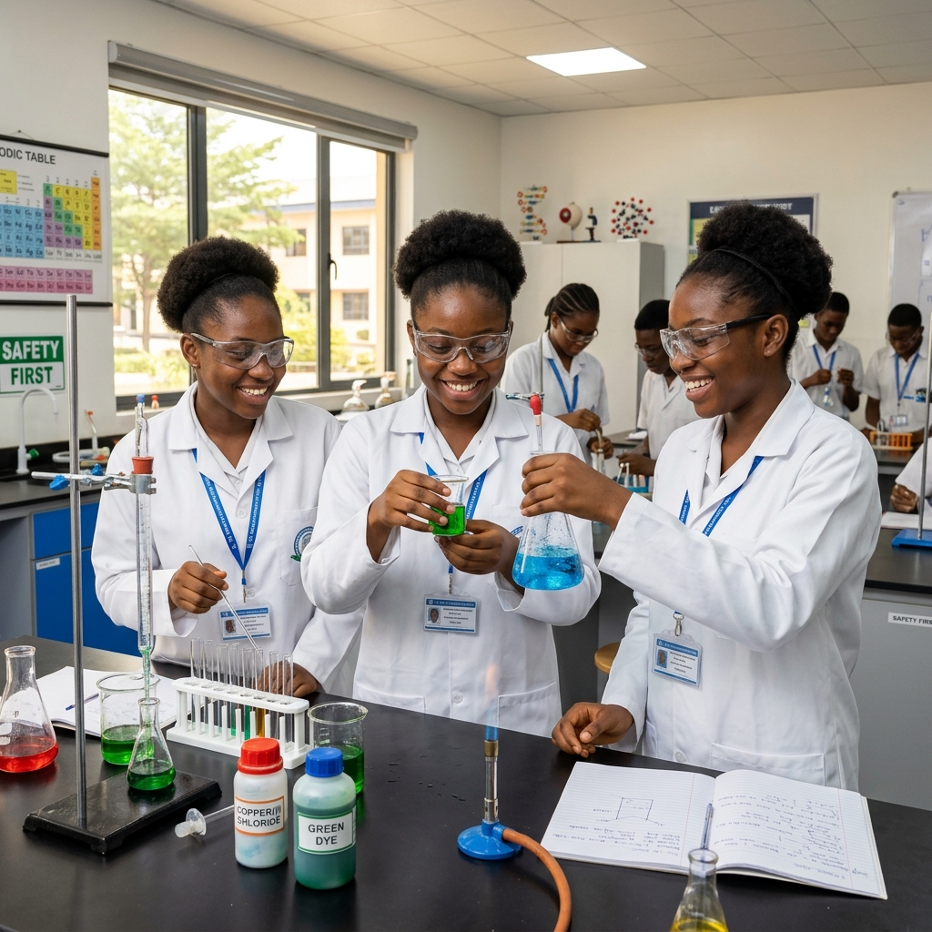 West African secondary school girls in white safety coats doing chemistry laboratory testing