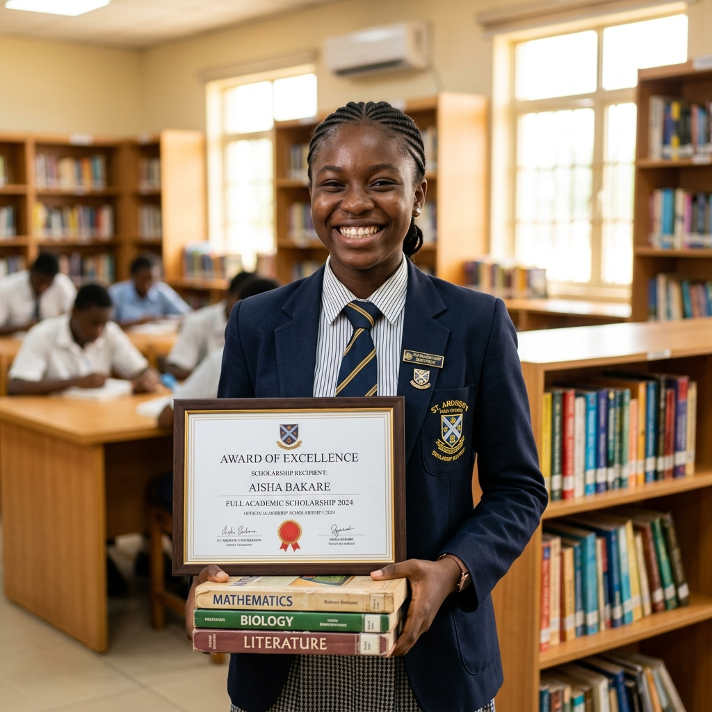 Secondary school girl in uniform smiling while holding a tuition grant certificate and chemistry textbooks