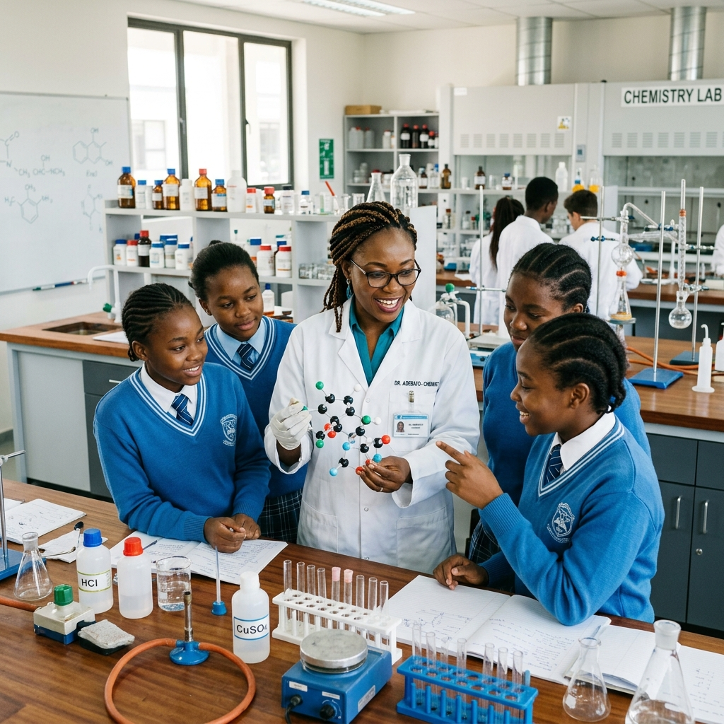 A professional female chemist mentoring secondary school students in a clean modern laboratory